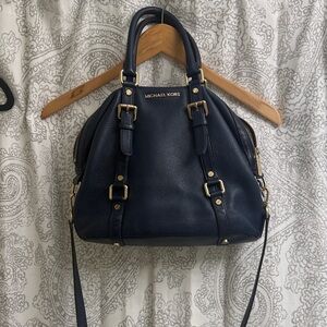 Michael Kors Dark Blue Leather Satchel with Gold Accents